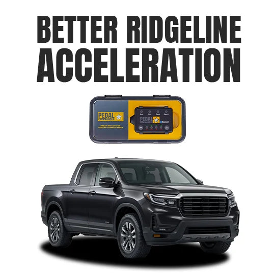 Black pickup truck with Pedal Power device labeled 'Better Ridgeline Acceleration' 